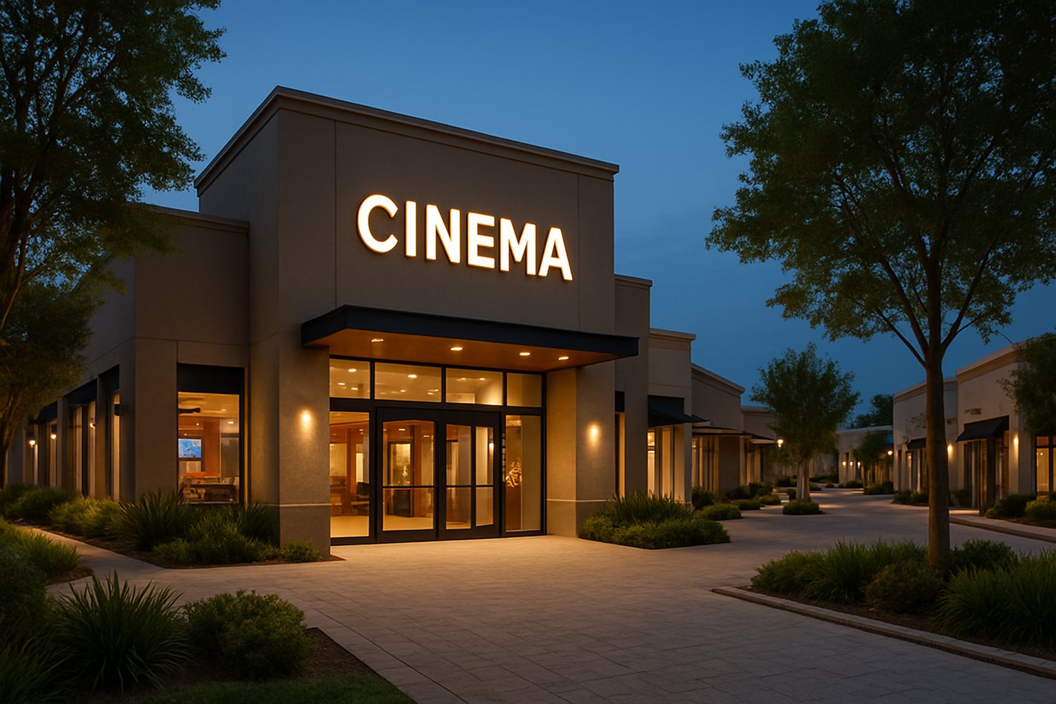 Vista ilustrativa de un cine en un paseo comercial suburbano, con árboles y luces al anochecer.