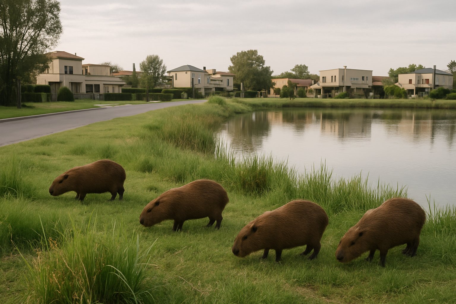 Carpinchos junto a una laguna, con vegetación y viviendas de un barrio cerrado al fondo